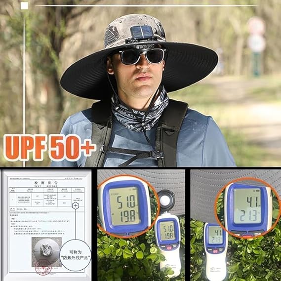HOM Solar Fan Sun Hat w/USB Rechargeable Cooling - UPF 50+ Wide Brim Bucket Hat for Men Women, Portable Foldable Outdoor Gear