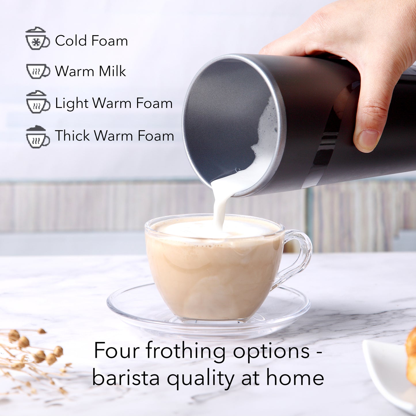 HOM Electric Milk Frother - Versatile 4-in-1 Milk Steamer and Frother for Lattes - Features Hot & Cold Foam and Milk Warmer Options (Black)