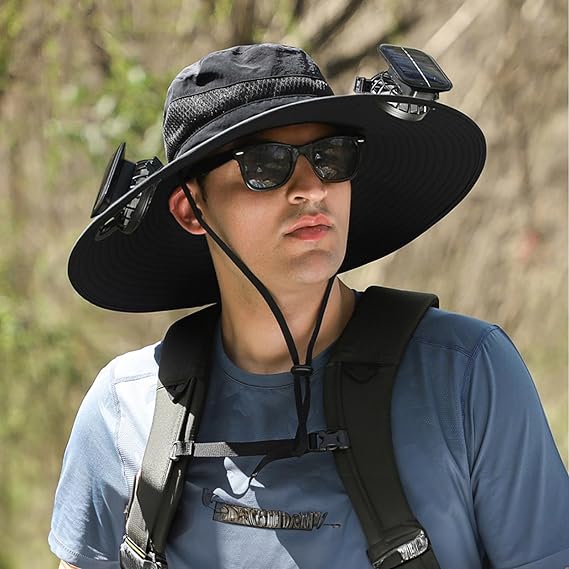 HOM Solar Fan Sun Hat w/USB Rechargeable Cooling - UPF 50+ Wide Brim Bucket Hat for Men Women, Portable Foldable Outdoor Gear