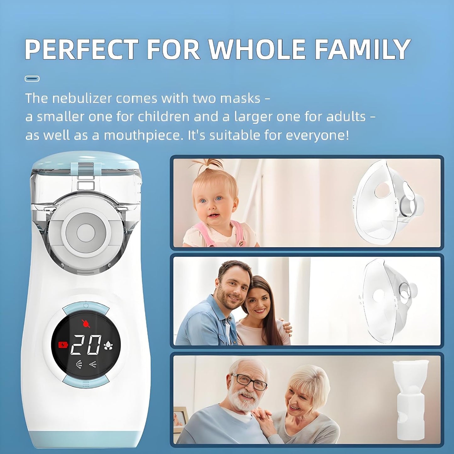 HOM Nebulizer for Adults, Quiet Mesh Ultrasonic Compressor with Mask & Mouthpiece, Portable Asthma Treatment Machine