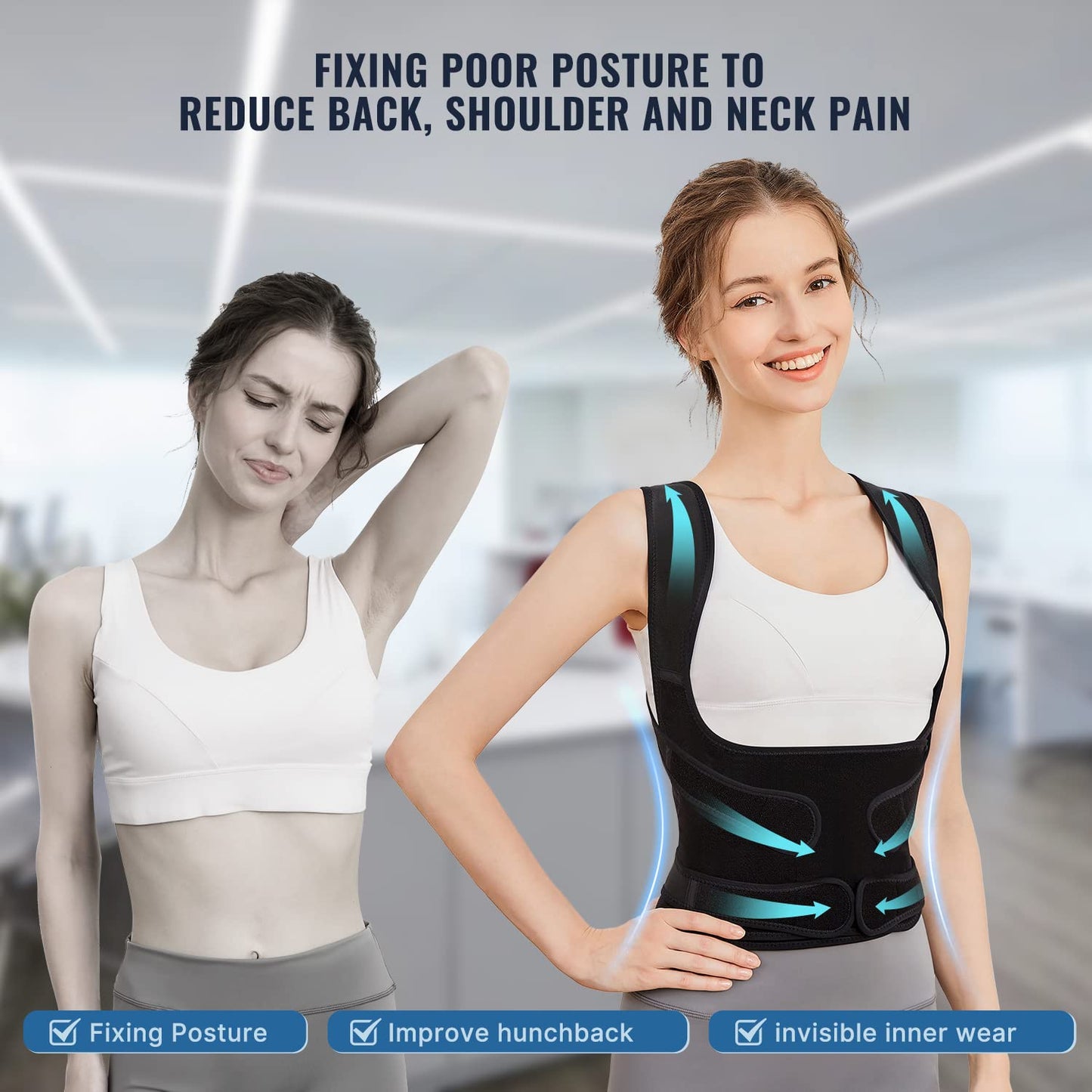 HOM Women's Posture Corrector Brace - Upper Back Support Pain Relief, Comfortable Shoulder Straightener, Adjustable Posture Trainer for Clavicle
