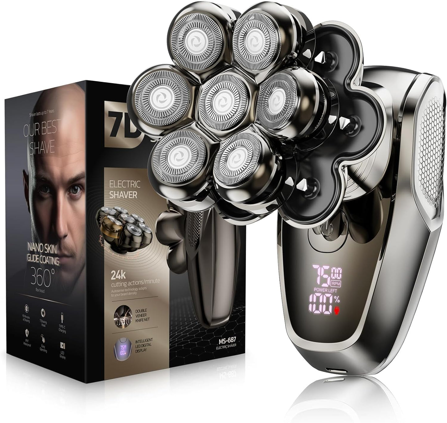 HOM 7D Rotary Shaver for Bald Head – Wet/Dry IPX7 Waterproof with LED Display & Travel Lock