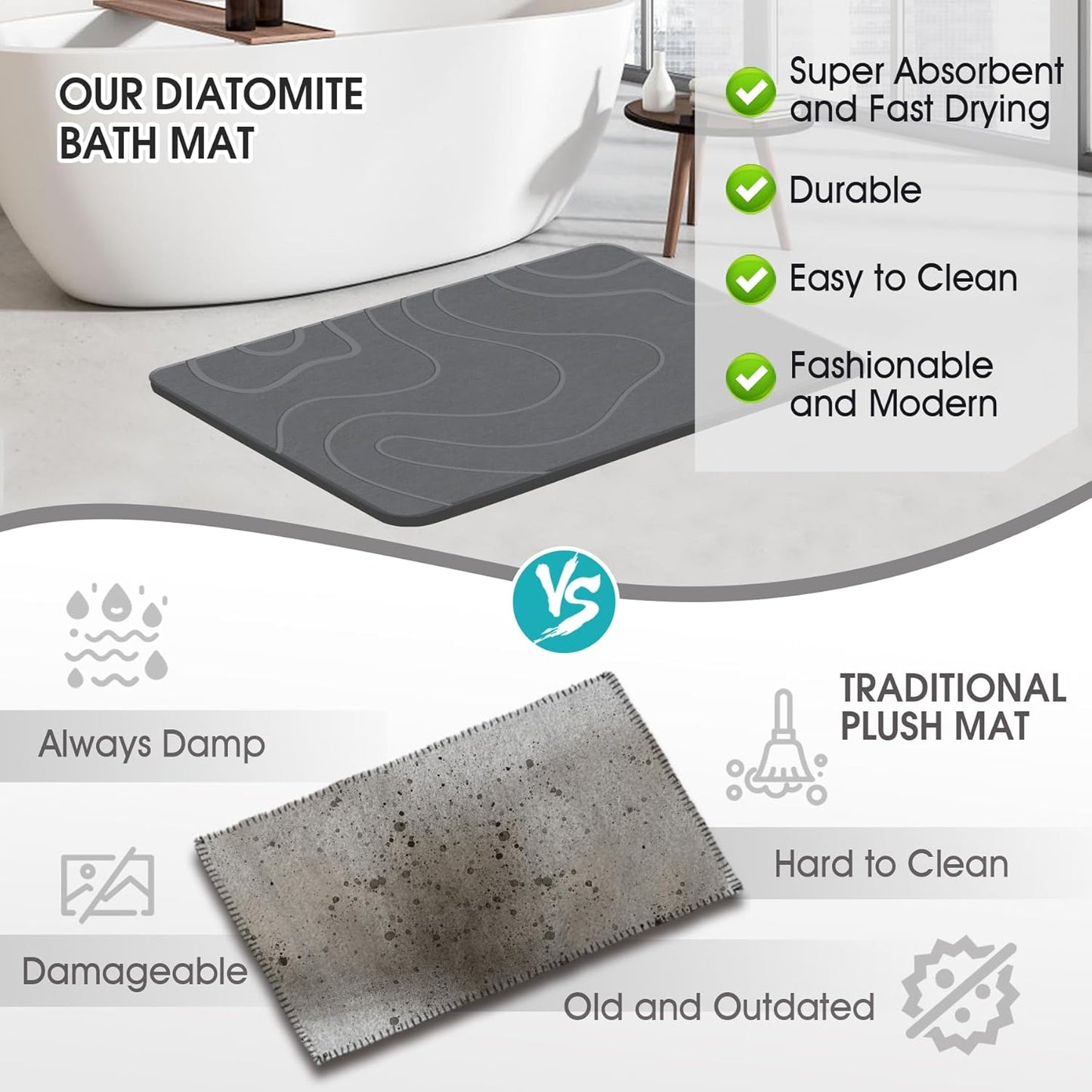 HOM Natural Stone Bath Mat, Non-Slip Pebble Tile for Shower Floor, Fast-Drying Bathroom Rug