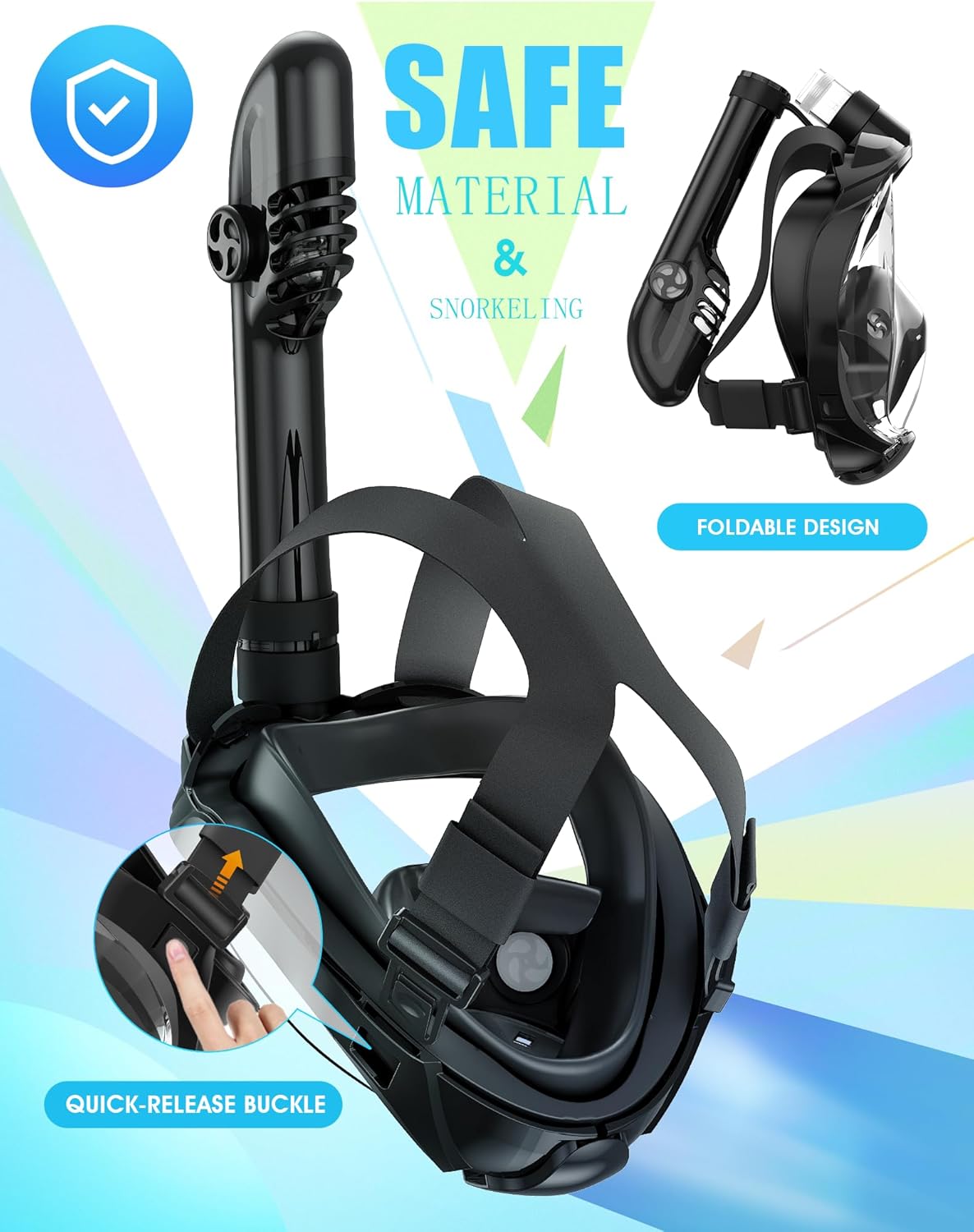 HOM Premium Dry Snorkel Mask Set - Anti-Fog Panoramic View Full Face Snorkeling Gear for Adults, Adjustable Strap w/Travel Bag - US