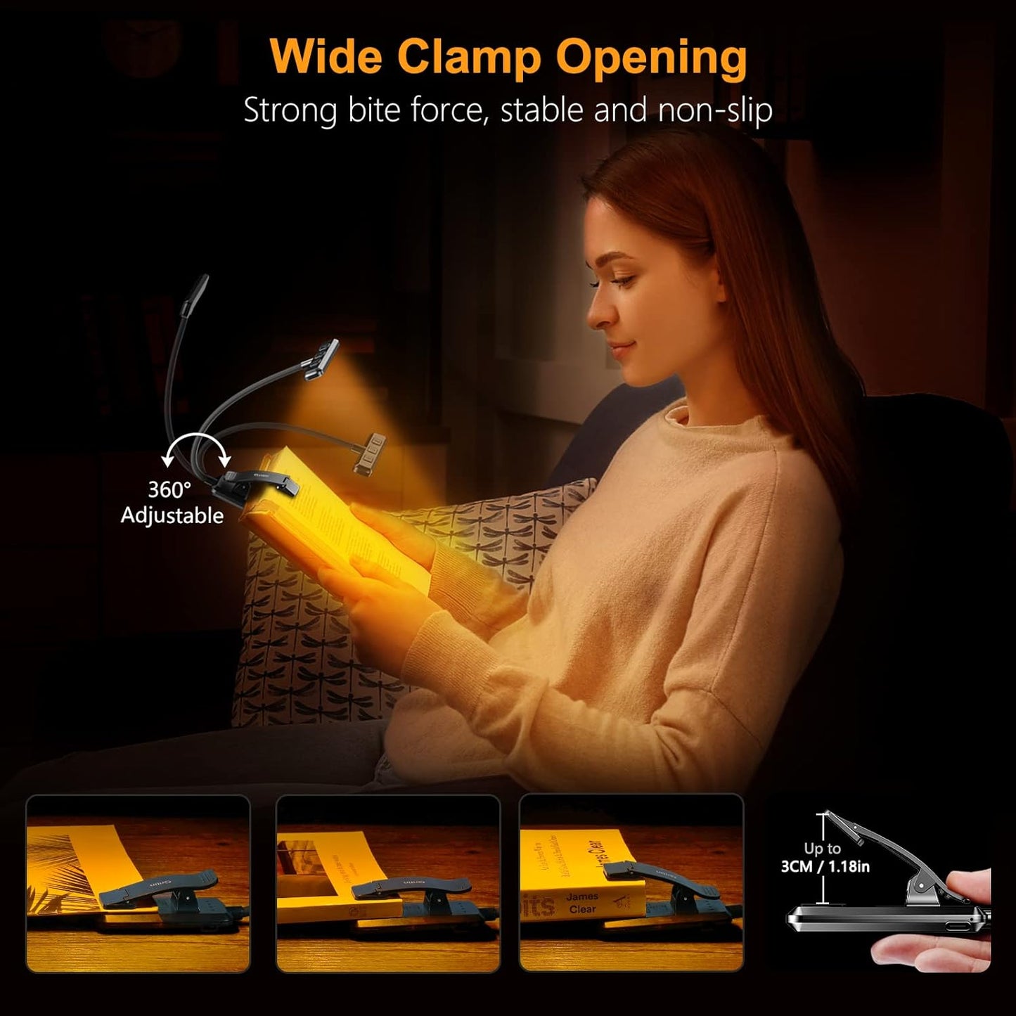 HOM Rechargeable Book Light – 360° Flexible Neck, Perfect for Reading in Bed, 80 Hours Battery Life, Multiple Colors, Stepless Dimming