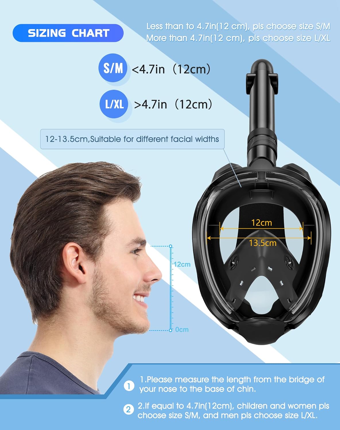 HOM Premium Dry Snorkel Mask Set - Anti-Fog Panoramic View Full Face Snorkeling Gear for Adults, Adjustable Strap w/Travel Bag - US