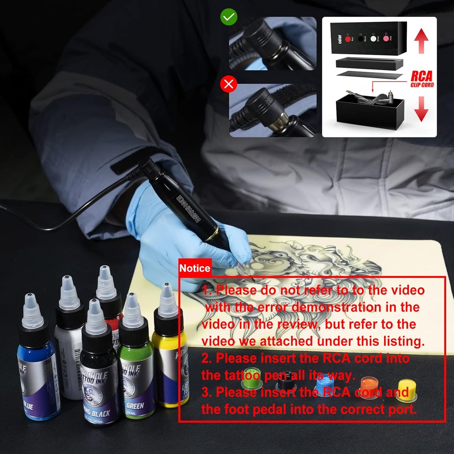HOM Tattoo Gun Machine Kit, Professional Rotary Pen with 10 Needles & Power Supply, Wireless for Line/Shading