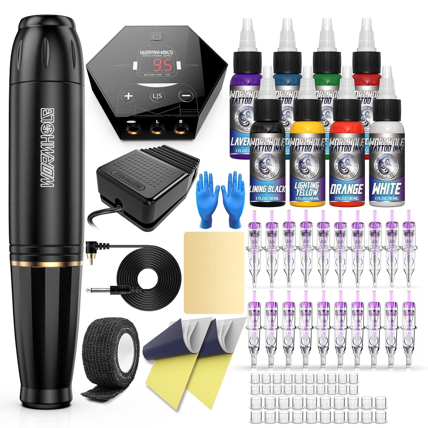 HOM Tattoo Gun Machine Kit, Professional Rotary Pen with 10 Needles & Power Supply, Wireless for Line/Shading