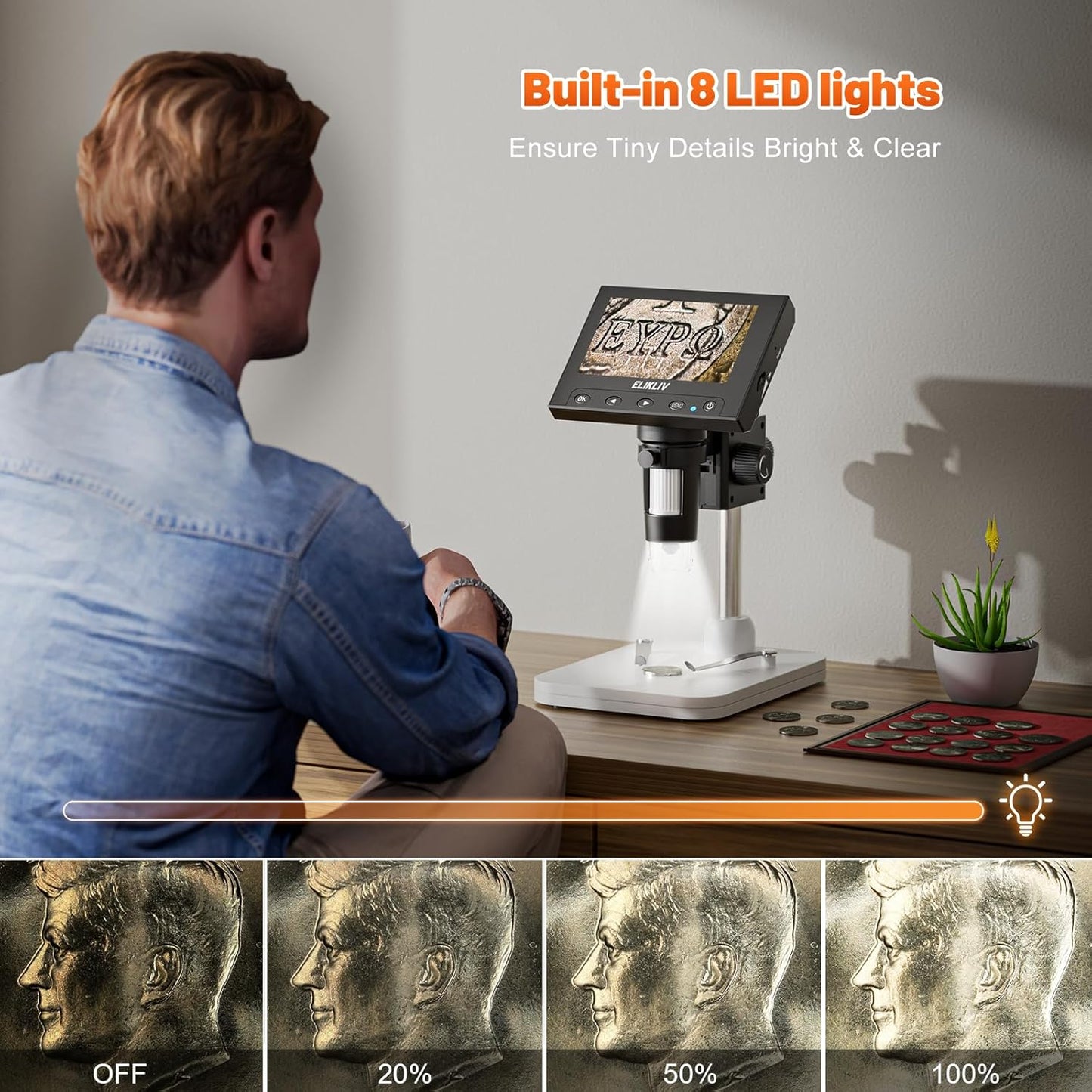 HOM 1200x Digital Coin Microscope with 4.3" Screen – USB/HDMI for Collectors, Jewelry & PCB Inspection