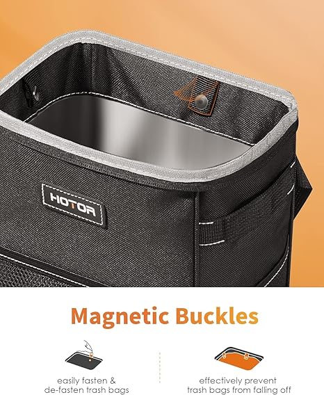 HOM Car Trash Can with Lid and Storage Pockets - 100% Leak-Proof, Waterproof Organizer, Multipurpose 2 Gallons Trash Bin for Car, Black
