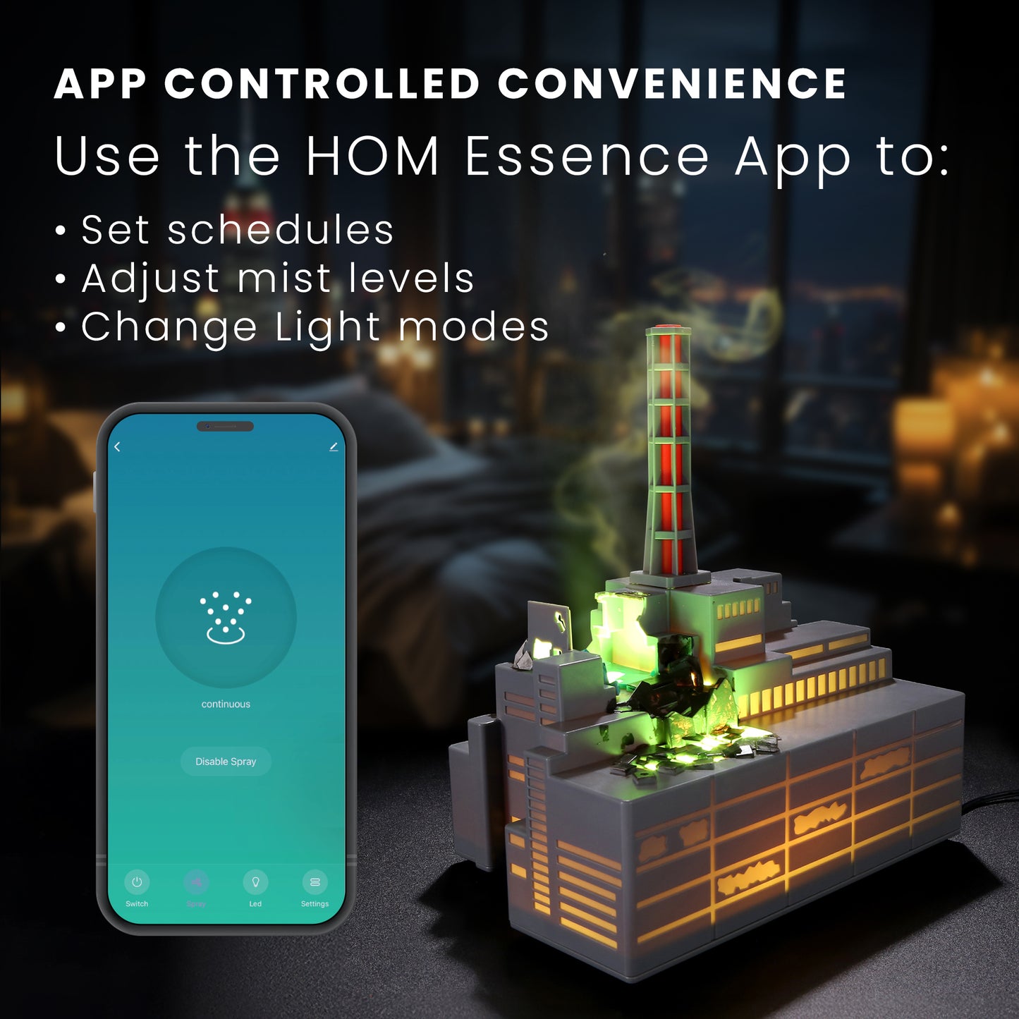HOM Smart Chernobyl Humidifier - Miniature Power Plant Inspired Air Humidifier for Bedroom, Living Room, and More - Ultrasonic Humidifier and Aromatherapy Diffuser with 3 Mist Modes and 7 Color Modes
