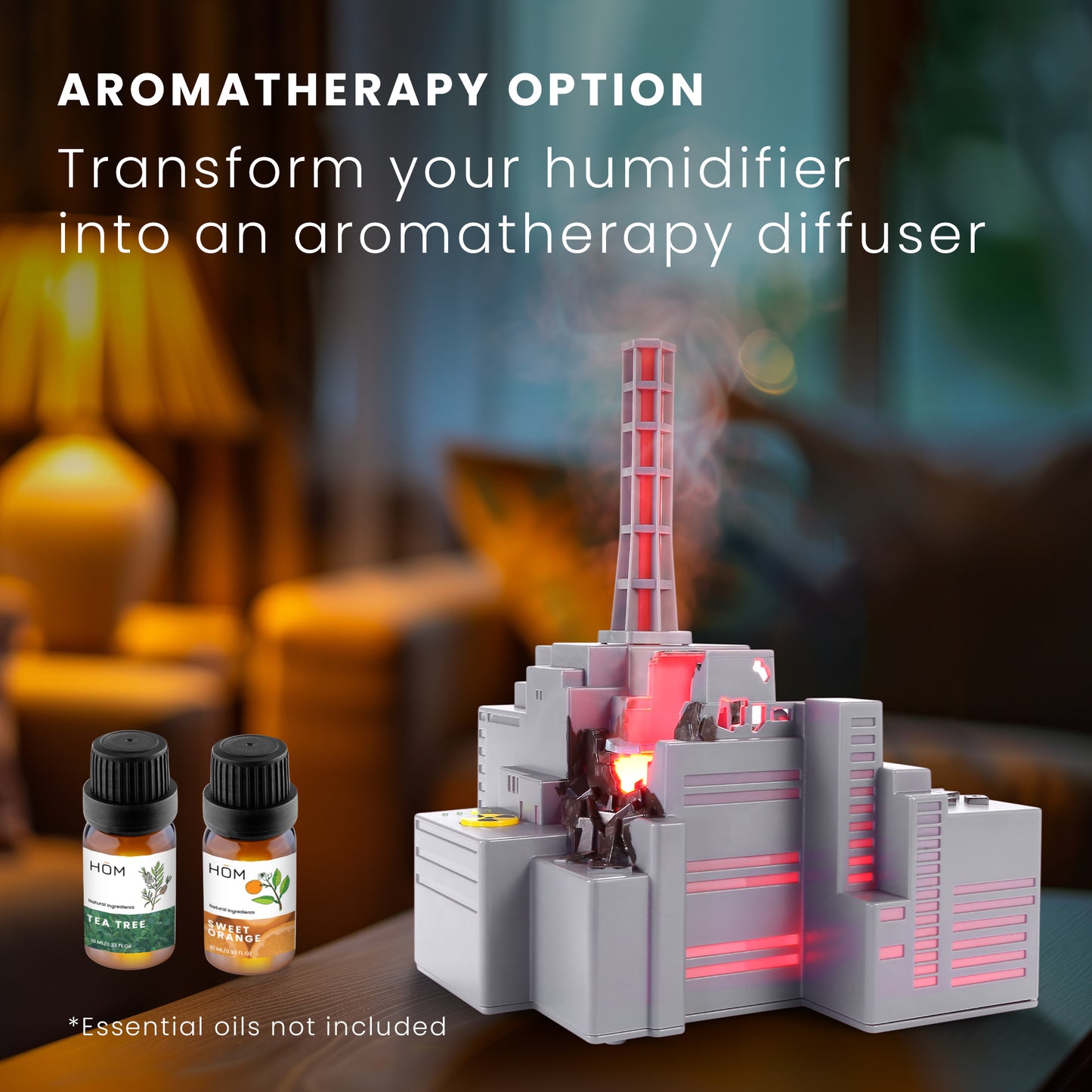 HOM Smart Chernobyl Humidifier - Miniature Power Plant Inspired Air Humidifier for Bedroom, Living Room, and More - Ultrasonic Humidifier and Aromatherapy Diffuser with 3 Mist Modes and 7 Color Modes