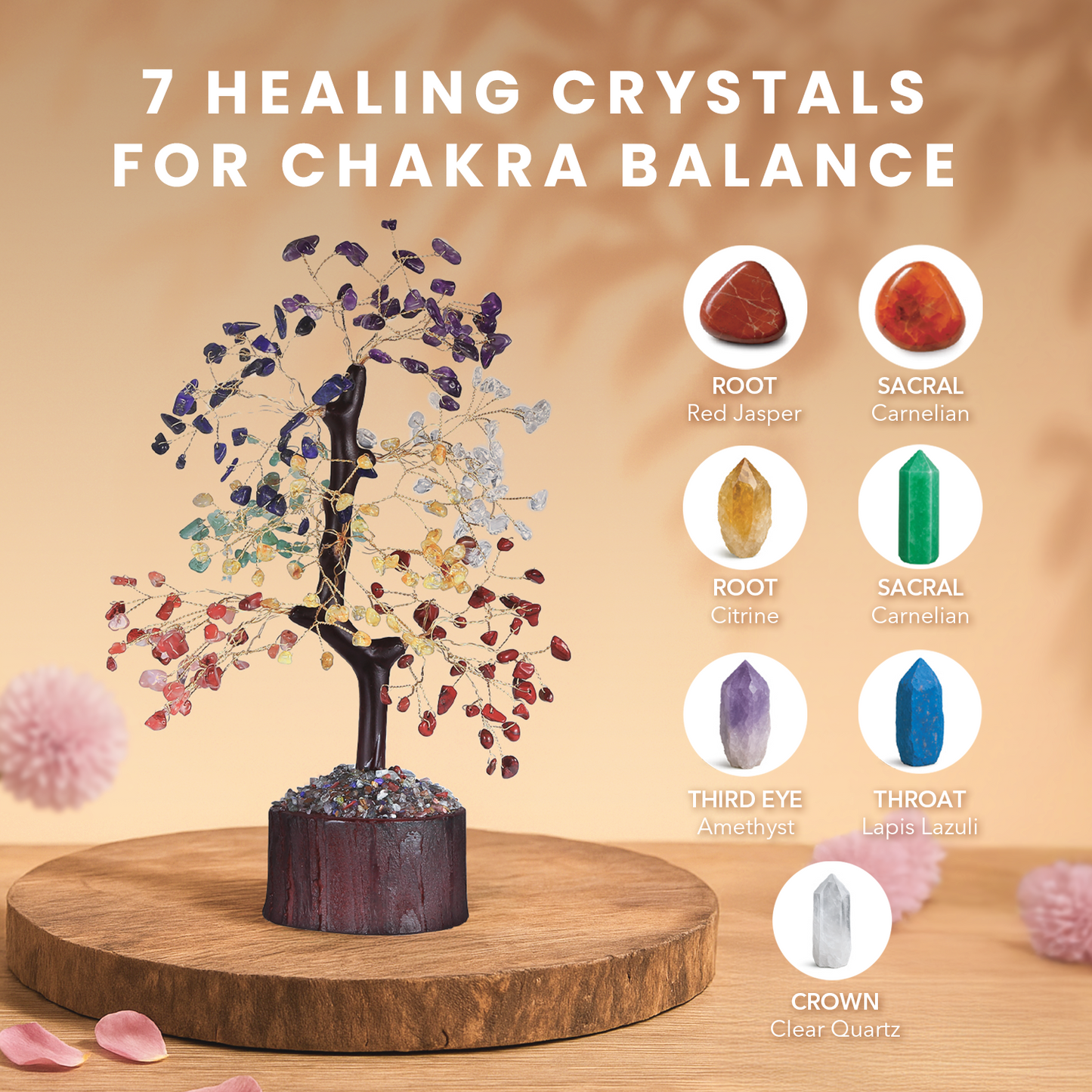 HOM Crystal Tree of Life with 7 Crystals & Healing Stones - Artificial Tree Home Decor with 7 Healing Crystals to Align 7 Chakras