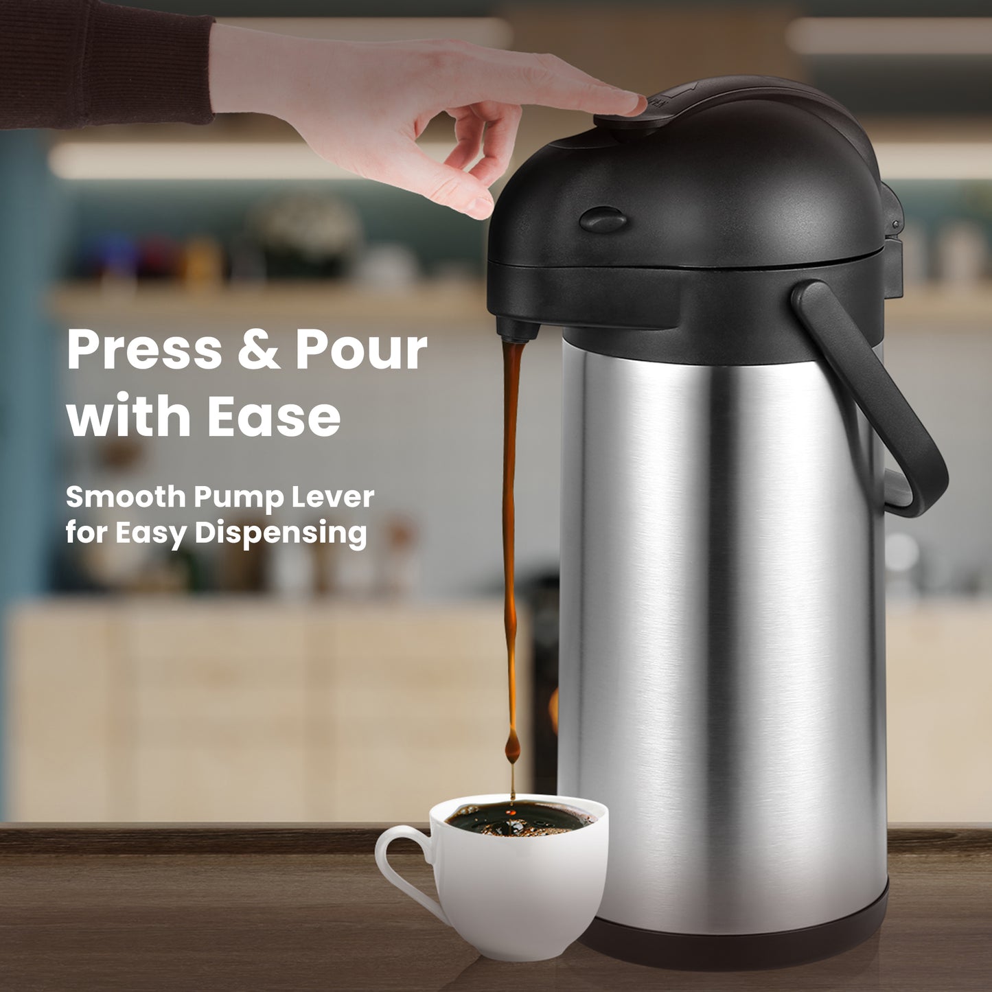 HOM Coffee Dispenser with Pump - 101.44 oz (3L) Vacuum-Insulated Beverage Dispenser for Hot & Cold Drinks - Stainless Steel Pot with Up to 12H Heat Retention/24H Cold Retention - Comes with Cleaning Brush