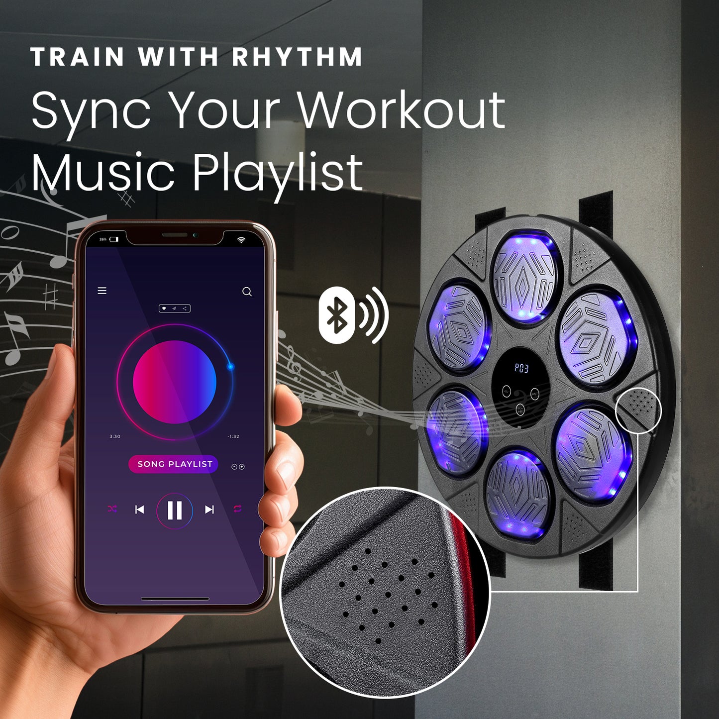 HOM Music Boxing Target - Punching Machine with Bluetooth Connectivity for Playing Music - Boxing Machine with 6 Punching Pads, Target Counter & Indicator Lights for Accuracy Training (Gloves Included)