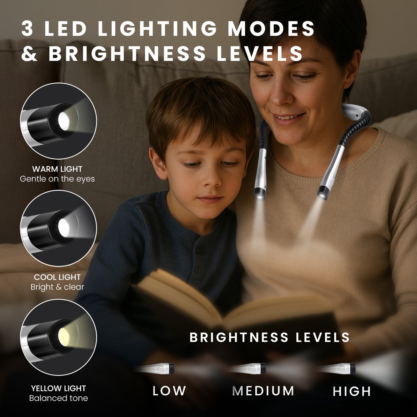 HOM Multifunction Neck Light - Wearable Reading Light for Arts, Crafts, Camping & Working in Low-Light Settings - Rechargeable Dual LED with 3 Lighting Modes for Hands-Free Illumination