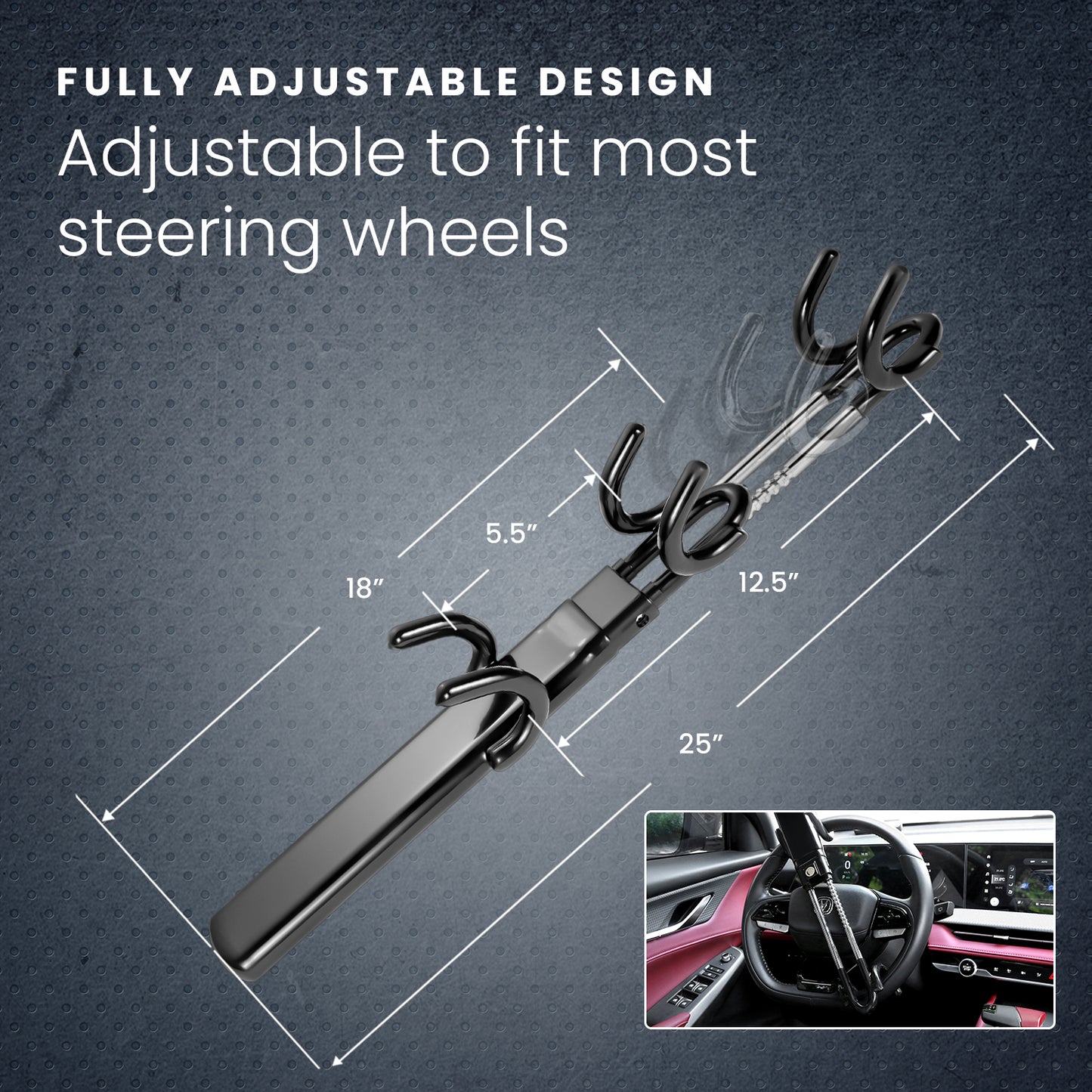 HOM Steering Wheel Lock - Anti-Theft Device for Car Steering Wheel - Retractable Steering Wheel Lock for Cars - Fits Most Vehicles
