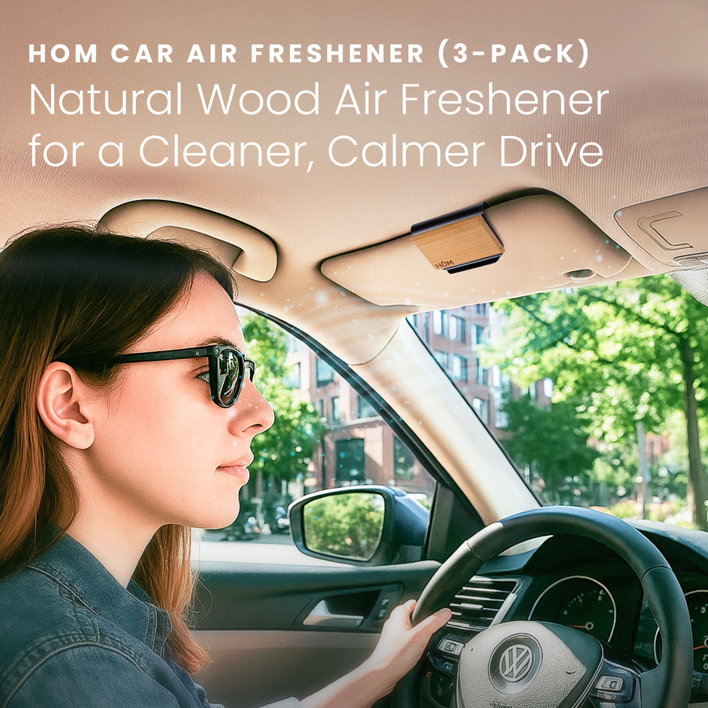 HOM Wood Car Air Freshener - Car Air Freshener for Car Sun Visor - Odor Eliminator for Strong Odor Inside Vehicle Cabin - Made of Cherrywood and Natural Essential Oils (3-pack)