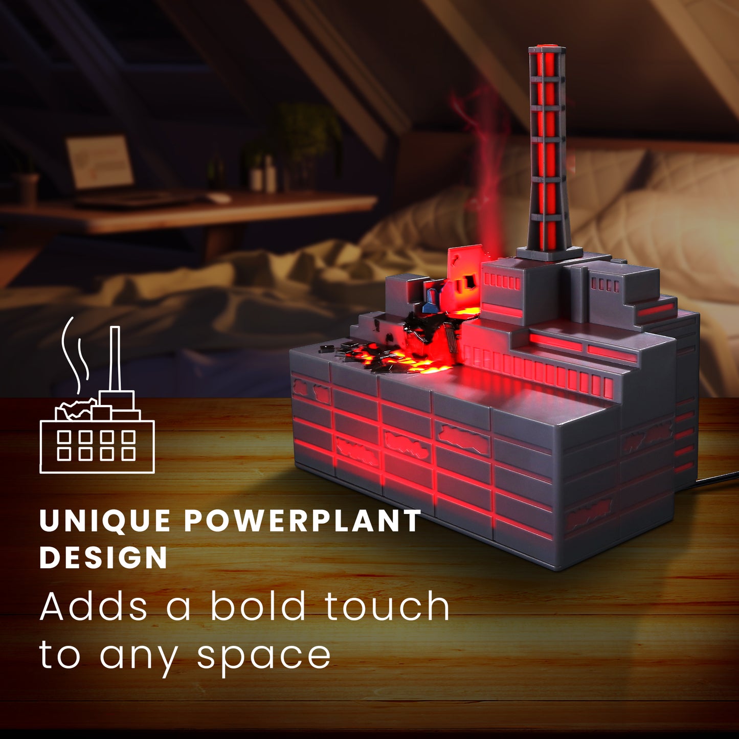 HOM Smart Chernobyl Humidifier - Miniature Power Plant Inspired Air Humidifier for Bedroom, Living Room, and More - Ultrasonic Humidifier and Aromatherapy Diffuser with 3 Mist Modes and 7 Color Modes