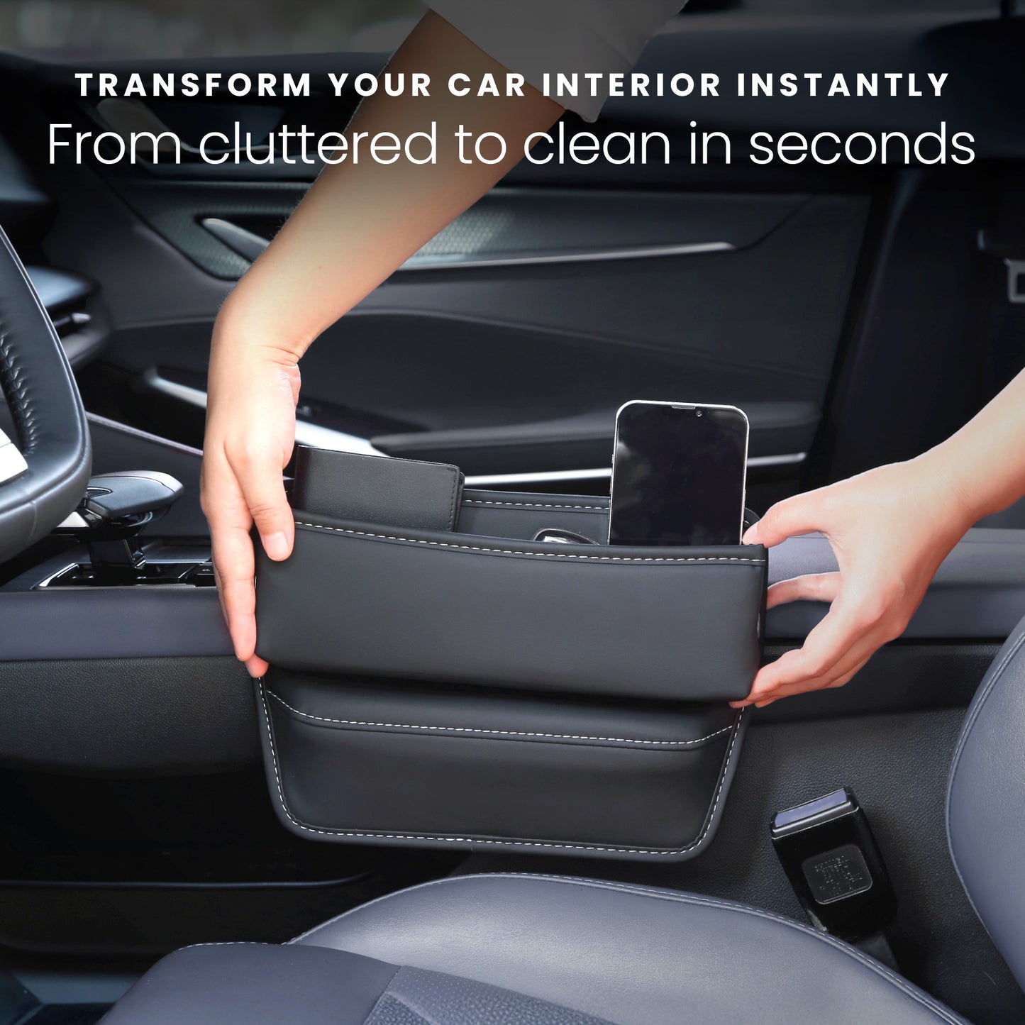 HOM Car Seat Gap Filler Organizer - Car Organizer for Between Seat and Console - Car Storage Organizer for Phone, Keys, Wallets & Other Gadgets - Universal Fit (2-pack)