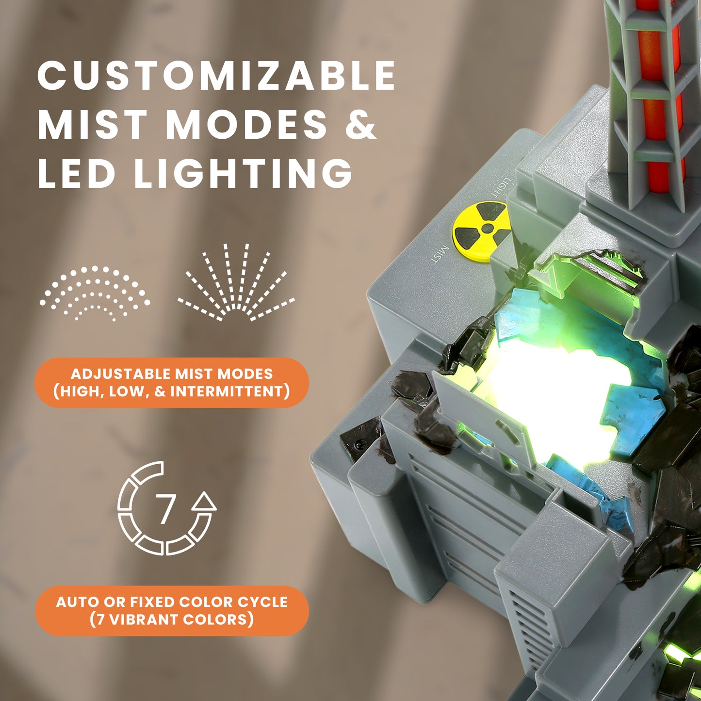 HOM Smart Chernobyl Humidifier - Miniature Power Plant Inspired Air Humidifier for Bedroom, Living Room, and More - Ultrasonic Humidifier and Aromatherapy Diffuser with 3 Mist Modes and 7 Color Modes