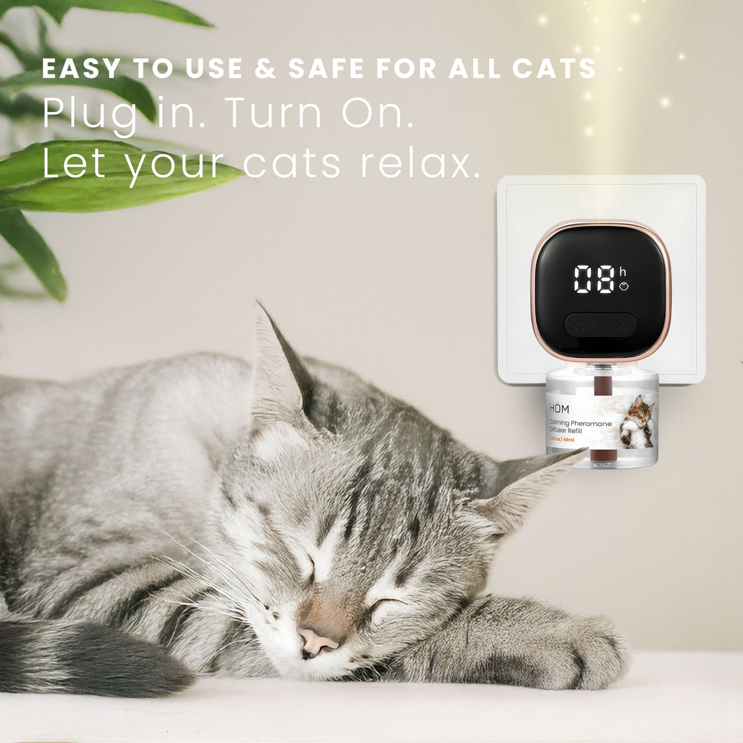 HOM Cat Calming Diffuser Set - Cat Pheromones Calming Diffuser with Timer & Ambient Light Functionality - Cat Calming Treats for Stress Relief & Behavioral Training (3-pack)