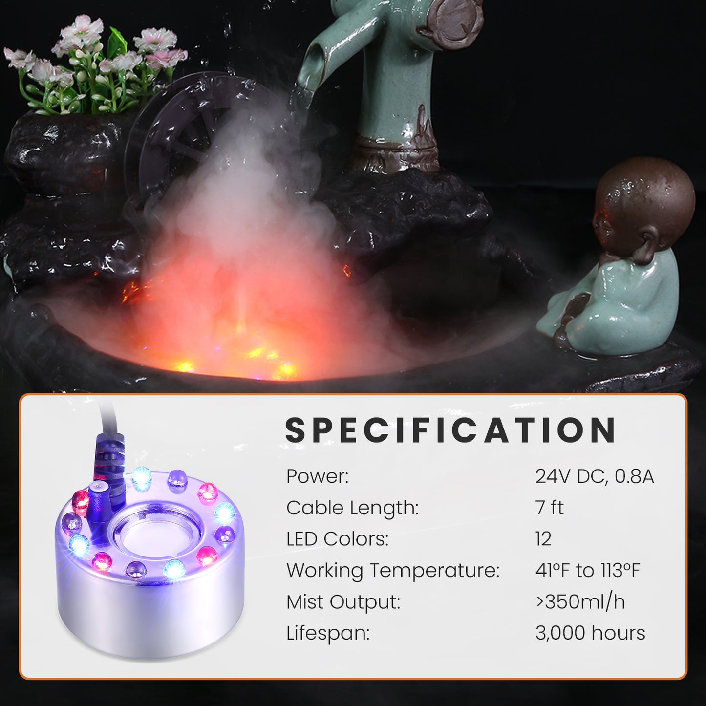HOM Mist Maker Fogger - Ultrasonic Fogger Machine with 12 Vibrant LED Light Colors - High-Output Mini Atomizer for Fishpond, Aquarium, & Birdbath