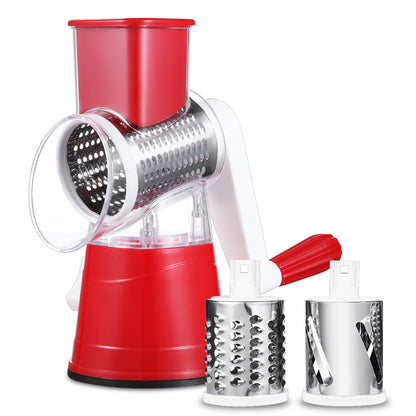 HOM Cheese Grater with 3 Interchangeable Blades, Manual Cheese Shredder, Vegetable Grater, and Mandoline Slicer for Kitchen with Suction Base