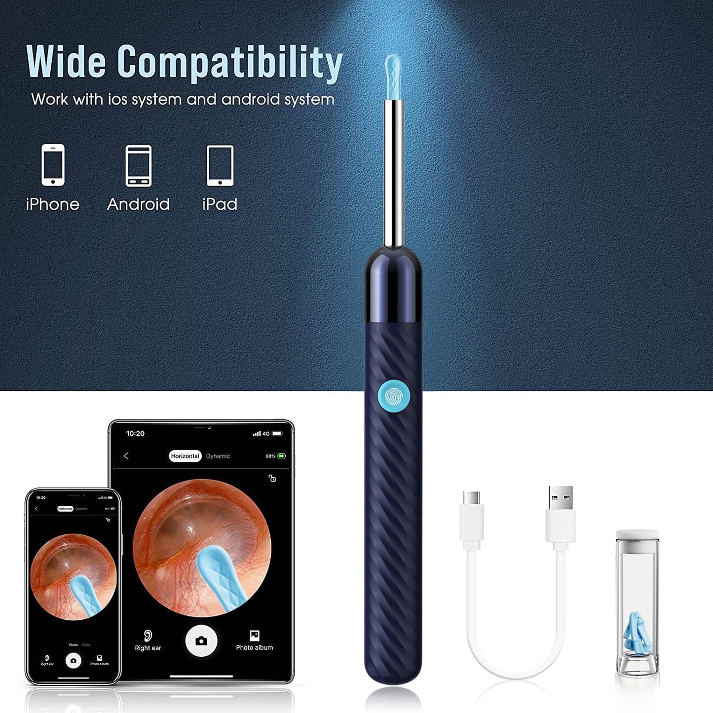 HOM Ear Wax Removal Kit, Safe LED Light Ear Cleaner Tool with 6 Tips & Camera, Reusable for Adults & Kids, Gentle Earwax Remover