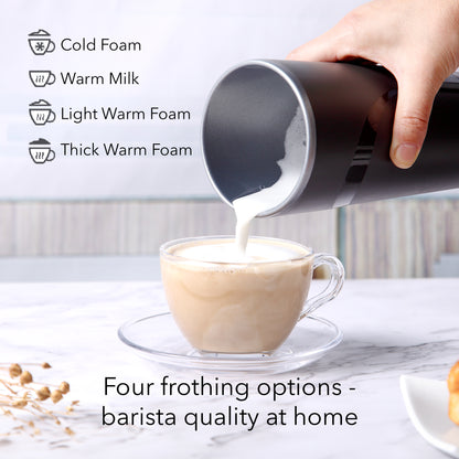 HOM Electric Milk Frother - Versatile 4-in-1 Milk Steamer and Frother for Lattes - Features Hot & Cold Foam and Milk Warmer Options (Black)