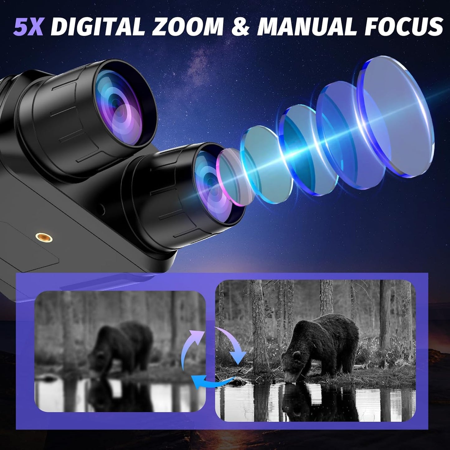 HOM Digital Night Vision Binoculars with 1000ft IR – 1080p Recording for Hunting/Surveillance