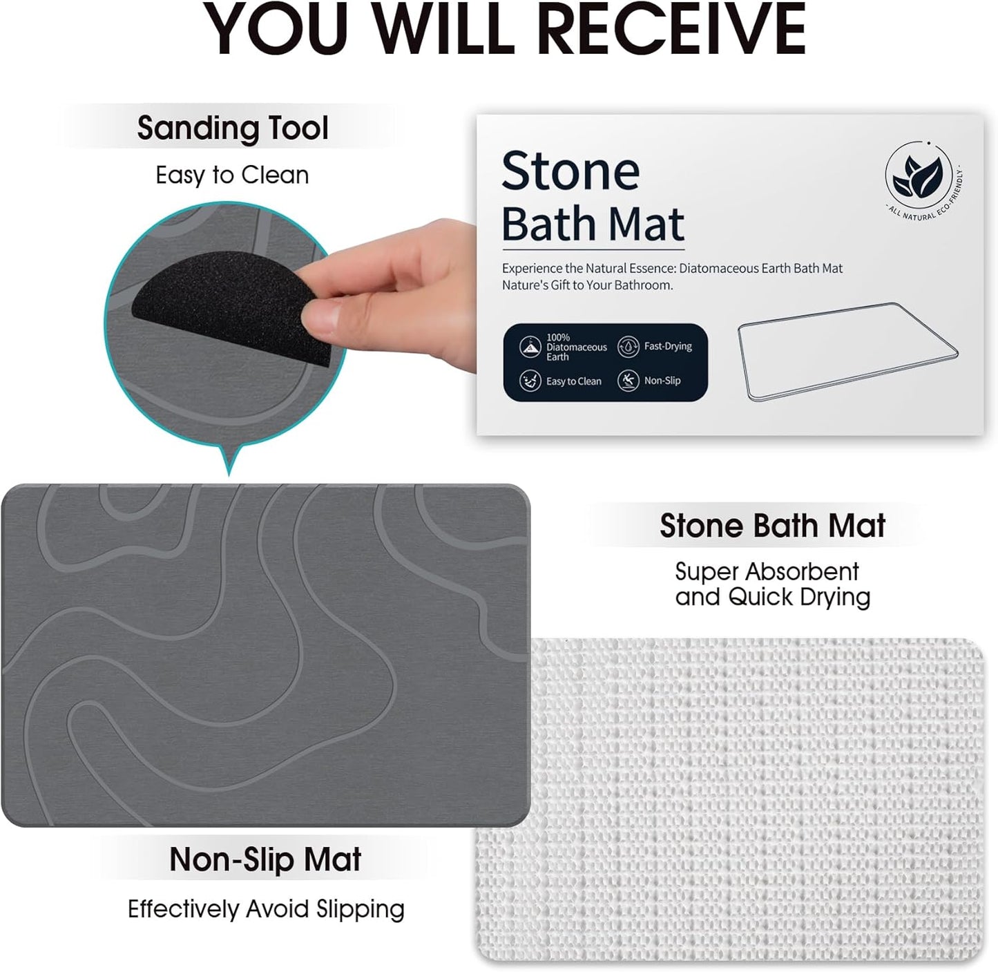 HOM Natural Stone Bath Mat, Non-Slip Pebble Tile for Shower Floor, Fast-Drying Bathroom Rug