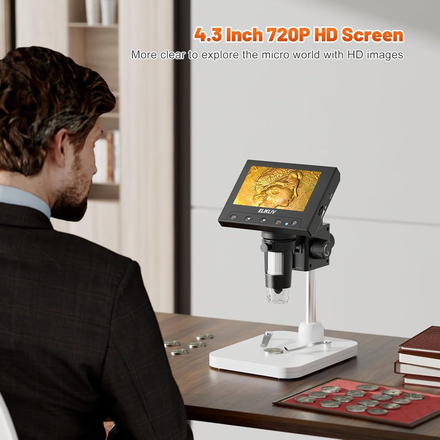 HOM 1200x Digital Coin Microscope with 4.3" Screen – USB/HDMI for Collectors, Jewelry & PCB Inspection