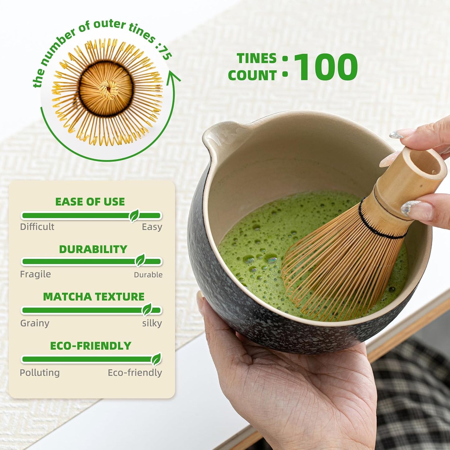 HOM Matcha Whisk Set, Bamboo Chasen & Scoop with Ceramic Bowl, Traditional Japanese Tea Ceremony Kit for Green Tea Lovers