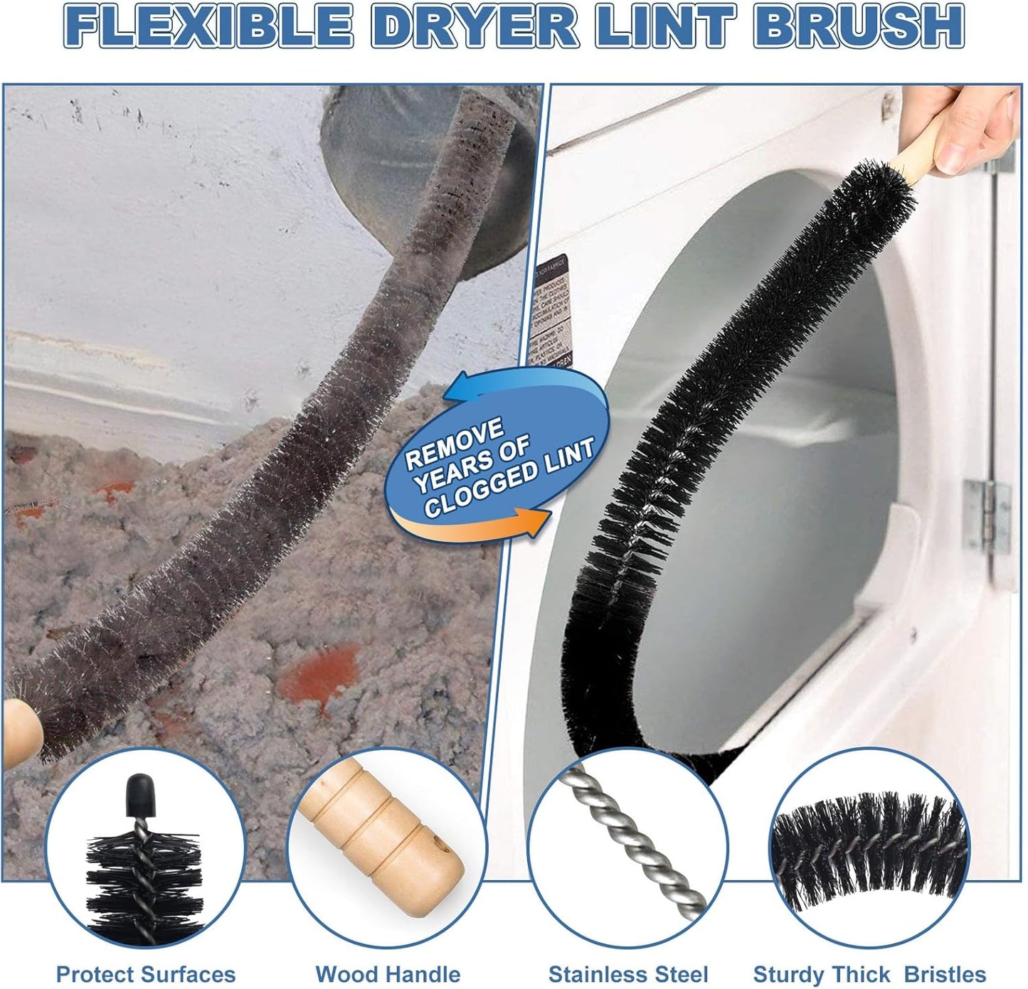 HOM Professional Dryer Vent Cleaning Kit | Flexible 8-Foot Lint Brush with Extension Rods | Complete Cleaning Tool Set for Dryer Ducts & Vents | Improves Efficiency & Reduces Fire Risk