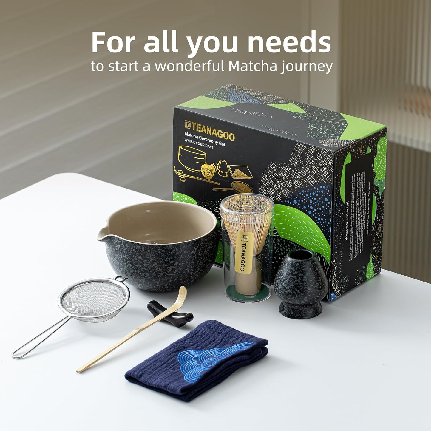 HOM Matcha Whisk Set, Bamboo Chasen & Scoop with Ceramic Bowl, Traditional Japanese Tea Ceremony Kit for Green Tea Lovers