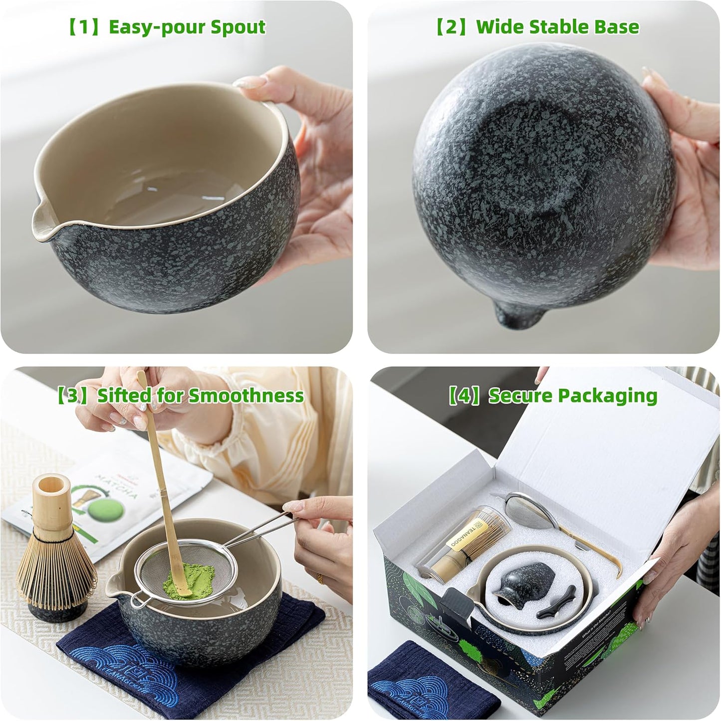 HOM Matcha Whisk Set, Bamboo Chasen & Scoop with Ceramic Bowl, Traditional Japanese Tea Ceremony Kit for Green Tea Lovers