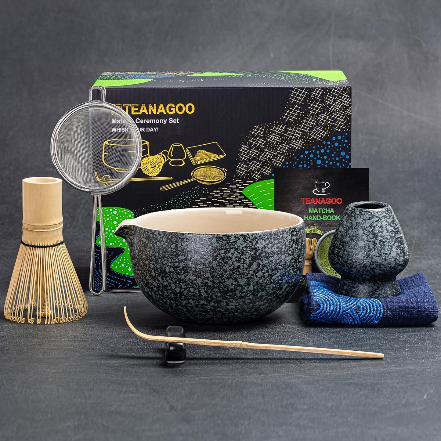 HOM Matcha Whisk Set, Bamboo Chasen & Scoop with Ceramic Bowl, Traditional Japanese Tea Ceremony Kit for Green Tea Lovers