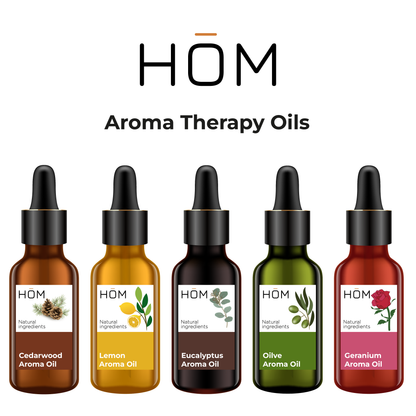 HOM Aromatherapy Essential Oils Set - Premium Aroma Oils for Diffusers - Get a Spa-like Experience at Home - Eucalyptus, Geranium, Lemon, Cedarwood, Olive Oil