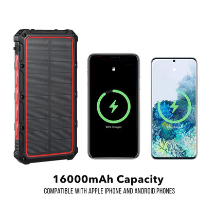 HOM Solar Power Bank for Apple iPhone and Android - Dual USB and Wireless Outputs - Charge Up to 3 Devices Simultaneously (16000mAh)