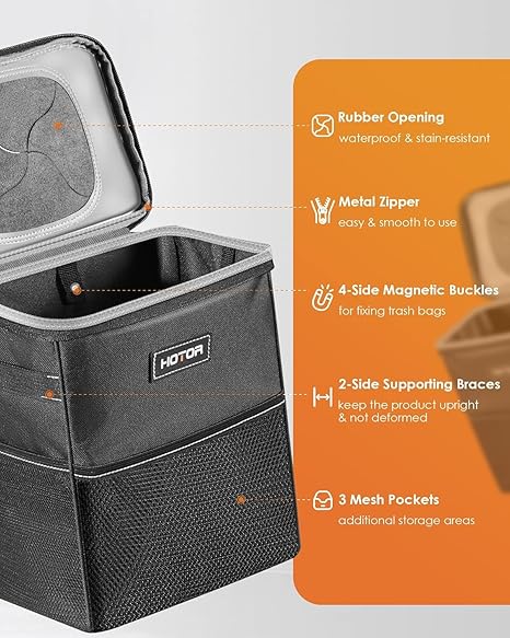 HOM Car Trash Can with Lid and Storage Pockets - 100% Leak-Proof, Waterproof Organizer, Multipurpose 2 Gallons Trash Bin for Car, Black