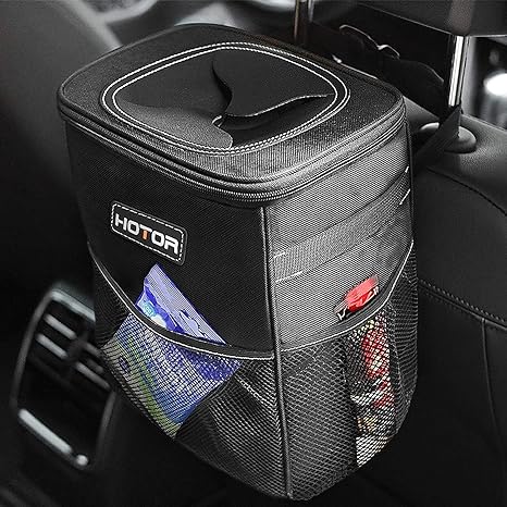 HOM Car Trash Can with Lid and Storage Pockets - 100% Leak-Proof, Waterproof Organizer, Multipurpose 2 Gallons Trash Bin for Car, Black