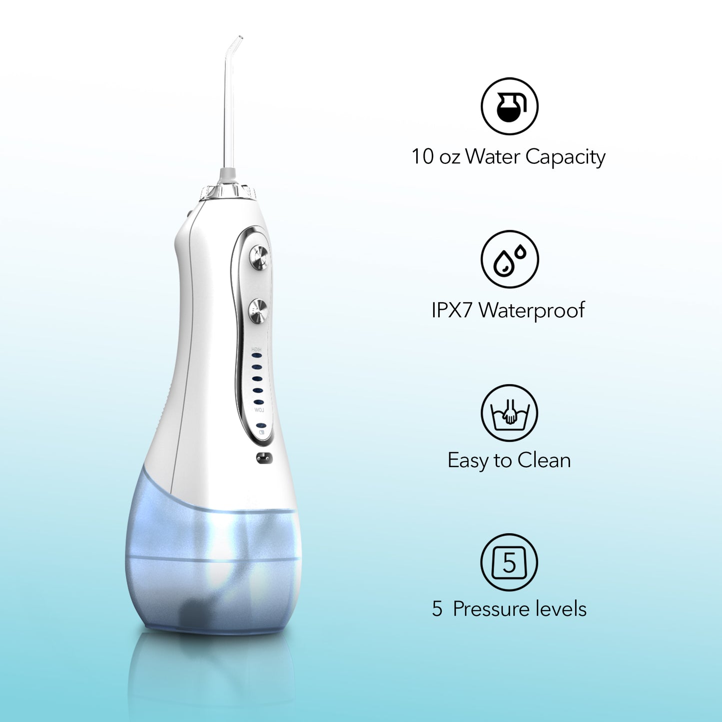 HOM Dental Cordless Oral Irrigator - Teeth Cleaning Kit with 4 Dental Tips & 10 oz Tank (White)