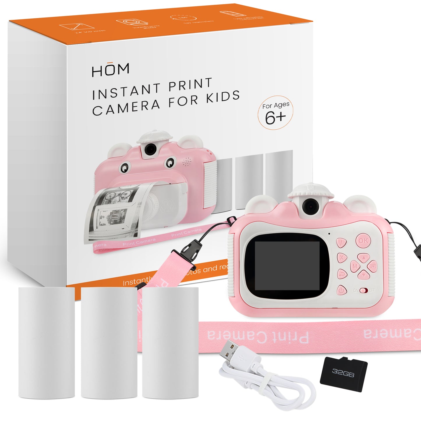 HOM Kids Digital Printing Camera - 1080p Video, 2.4" Display, 32GB Micro-SD Card - Creative Camera & Printer for Kids (Pink, 1 Pack)