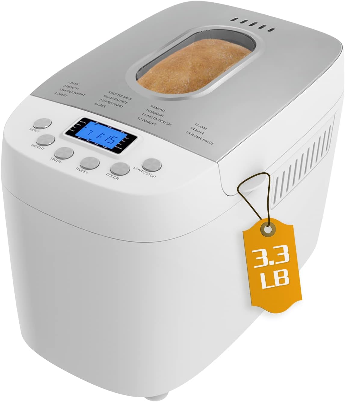 HOM Automatic Bread Maker with 12 Menu Functions - Dual Kneading Paddles, Touch Panel, and LCD Display - Makes up to 2LB Loaves