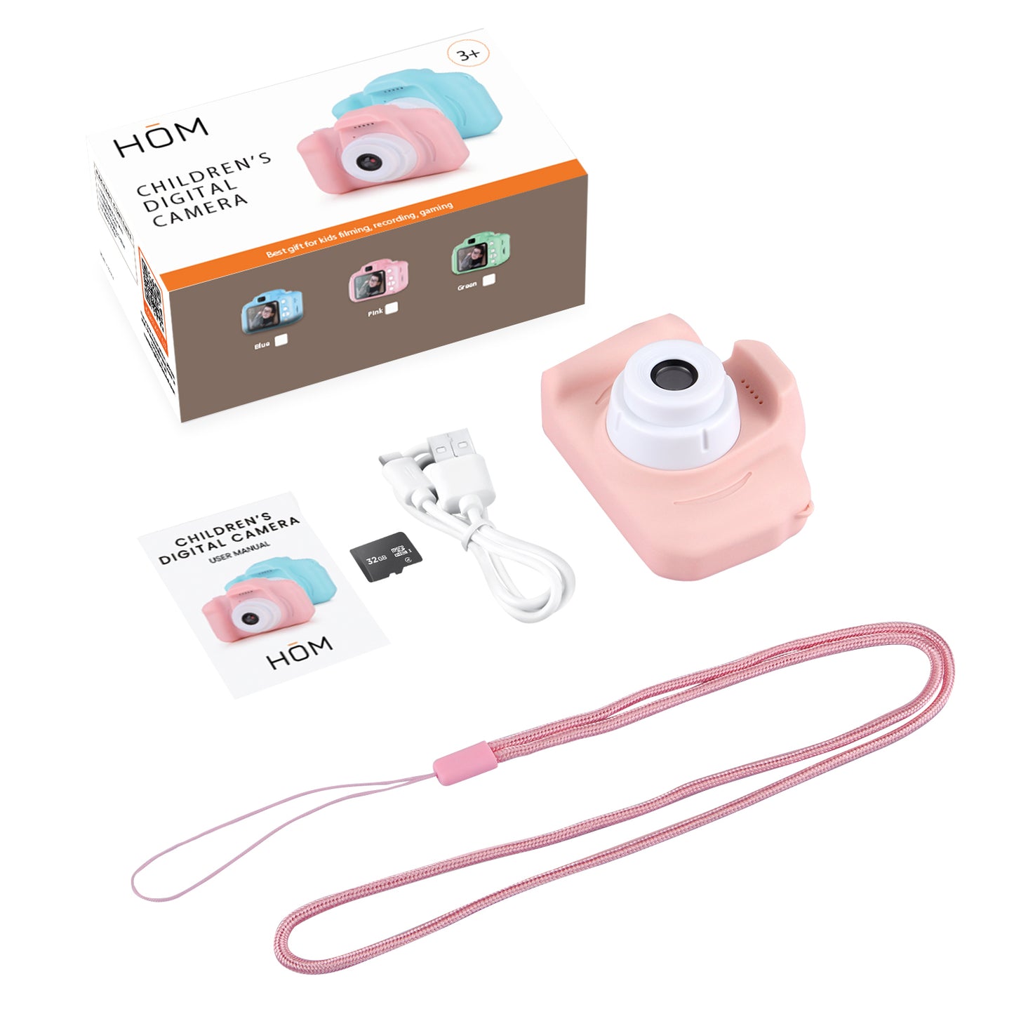 HOM Kids Camera - 1080p Digital Camera for Kids with Soft Silicone Body & Hand Strap - 32GB SD Card Included