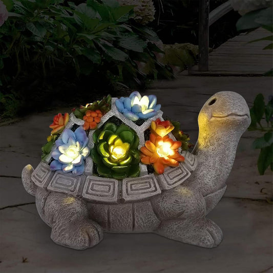 HOM Solar Garden Turtle Statue with Succulent and 7 LED Lights - Charming Lawn Decor for Patio, Balcony, and Yard