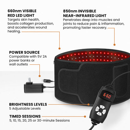 HOM Red Light Therapy Belt - 660 nm Red LED Light + 850 nm Near-Infrared Light Therapy - Wearable Red Light Therapy for Body, Neck & Shoulder Massager for Muscle Recovery & Reduced Joint Inflammation