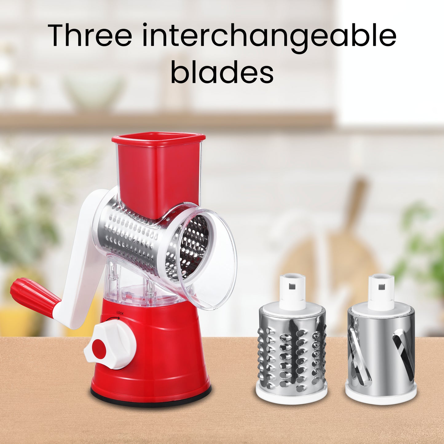 HOM Cheese Grater with 3 Interchangeable Blades, Manual Cheese Shredder, Vegetable Grater, and Mandoline Slicer for Kitchen with Suction Base