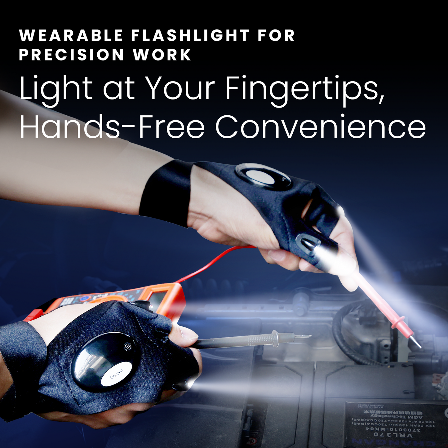 HOM LED Flashlight Gloves - Wearable Flash Light for Night Fishing, Repairing, Camping, Running & More - Perfect for Nighttime Use of Hand Tools & Mechanic Tools - One Size Fits Most (1 pair)
